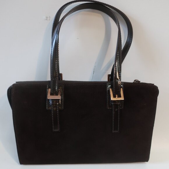 Fendi Handbags - Authentic Fendi Dark Brown Suede Leather Borsa Manici Satchel Shoulder Handbag